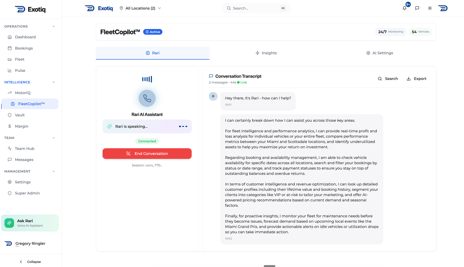 FleetCopilot AI assistant interface showing voice commands